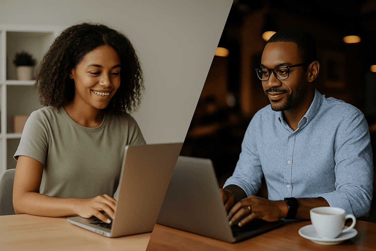 A man and a woman working on their laptops